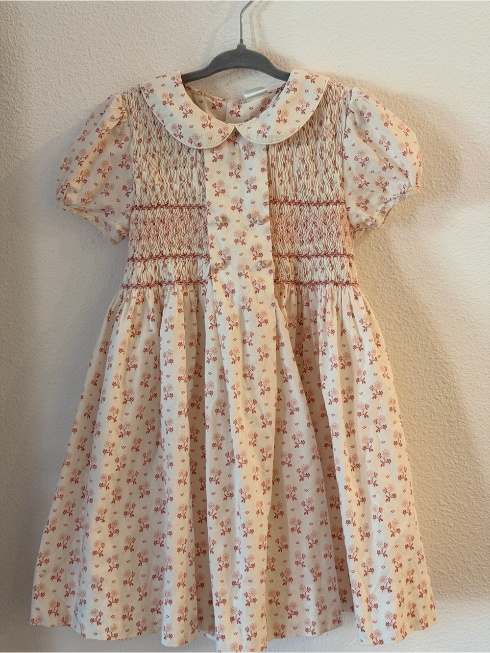 Edgehill Collection Cream Dress with Pink Floral Smocking